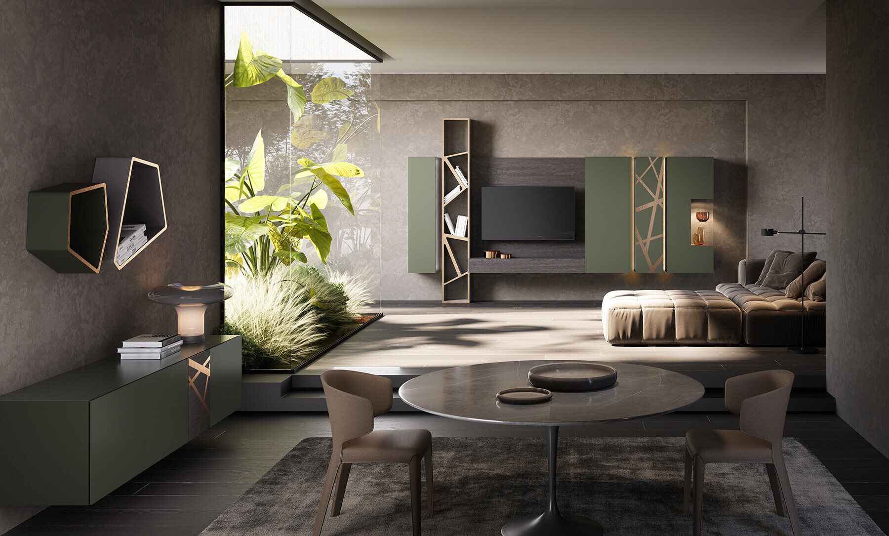 Soggiorno verde prussia con bronzo