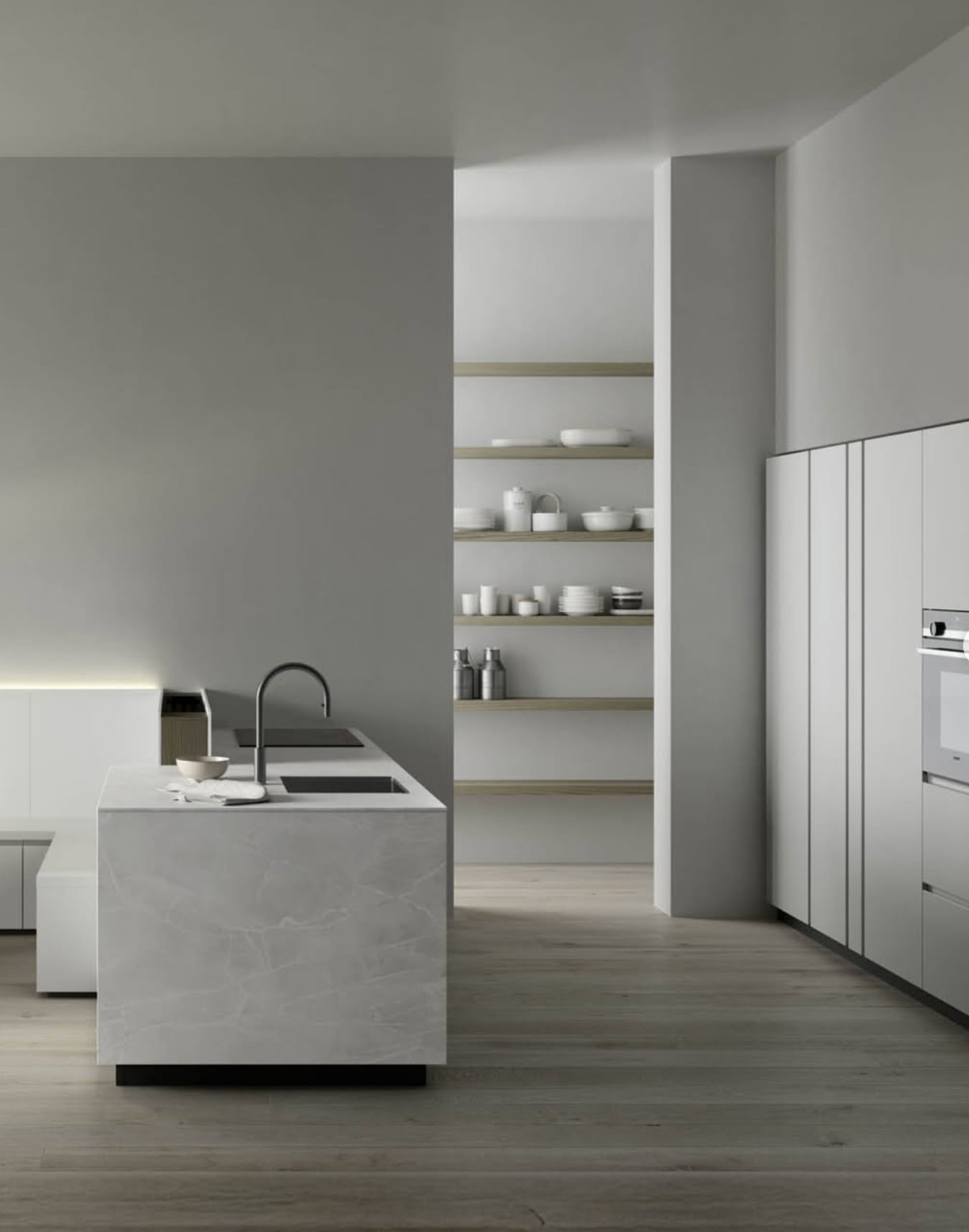 Cucina penisola bianca con lavabo